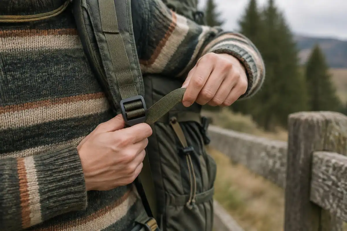 Fingers pulling a shoulder strap tail forward and down
