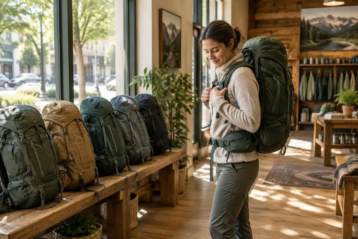 Gear shop-style floor with packs lined up in front of a trail poster-free wall