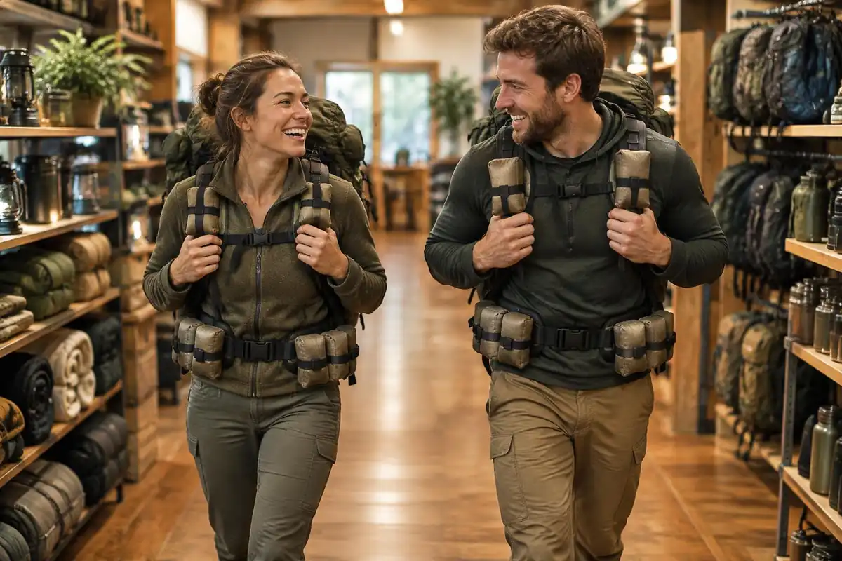 Couple testing packs by walking inside a store with sandbags