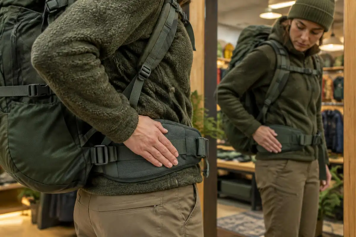 Hand feeling padded hip belt fit against hip in front of mirror