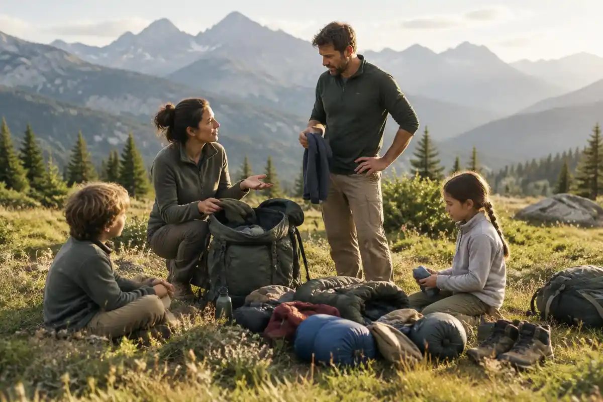 Family weekend campsite on a grassy meadow with a decision to make