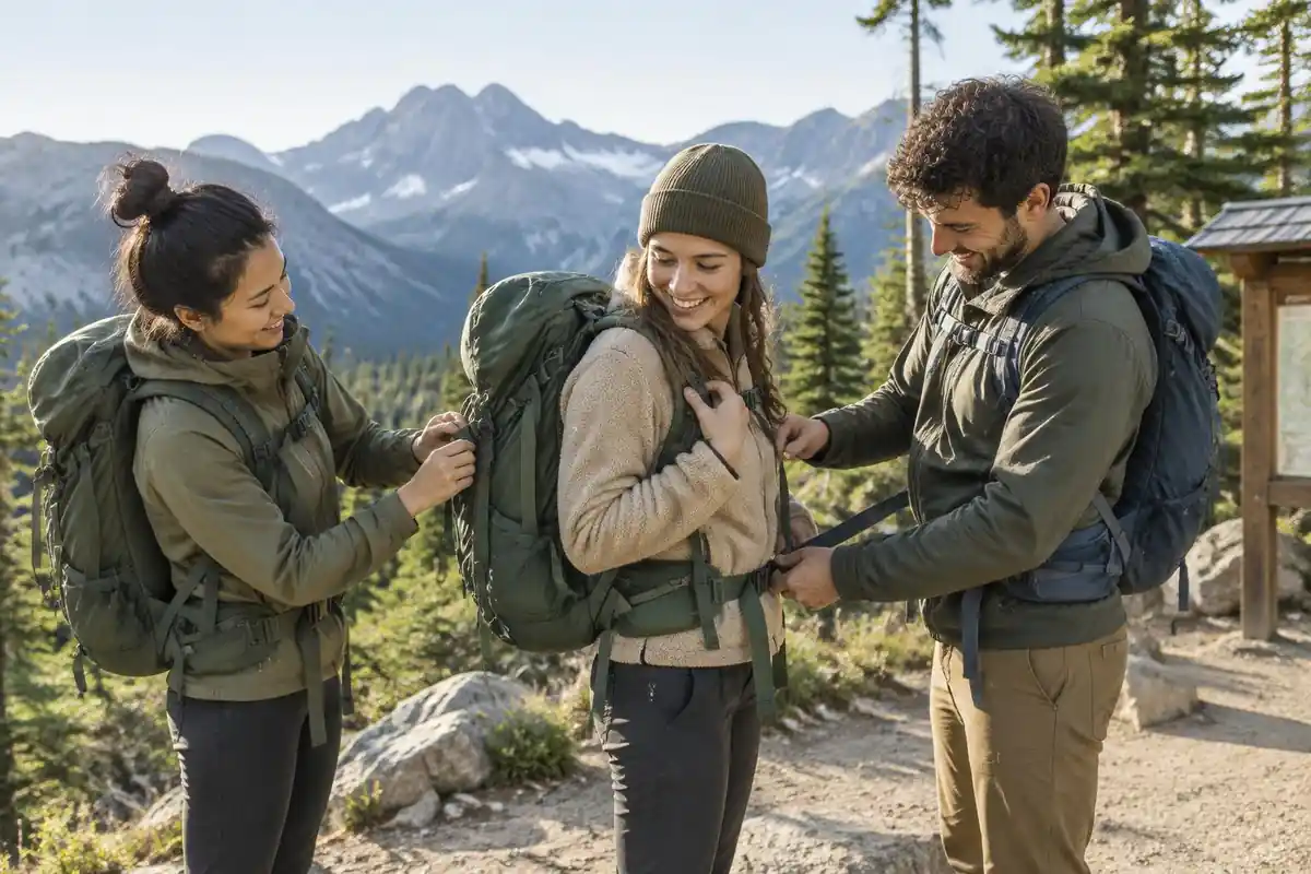 Friends fitting packs at a trailhead, hands on straps, laughing