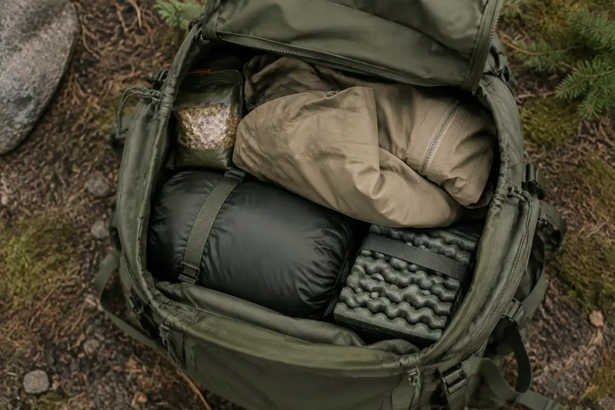 Packing sequence: sleeping bag at the bottom, heavy items near the back