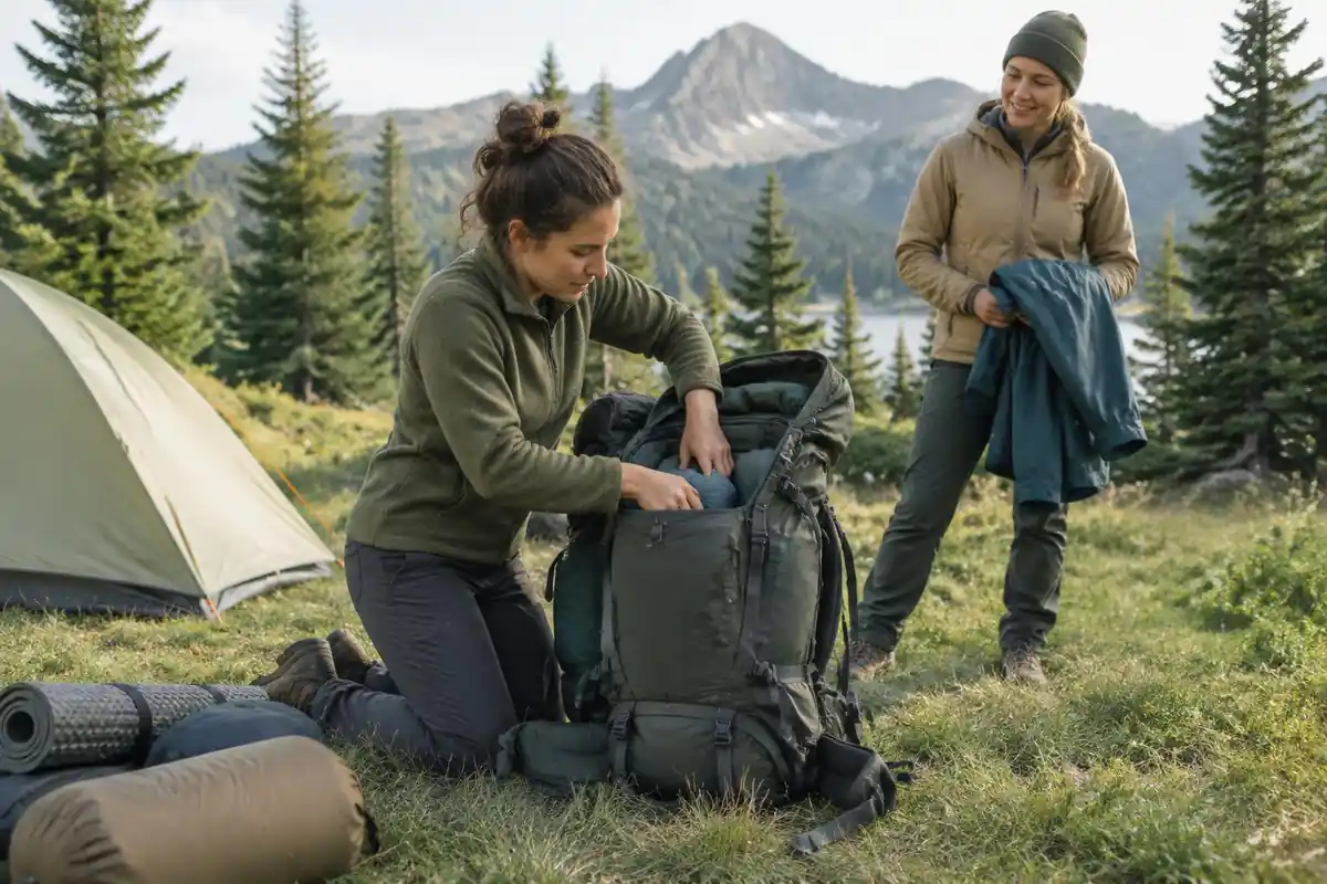 A hiker packs heavy items close to her spine while a friend holds a jacket