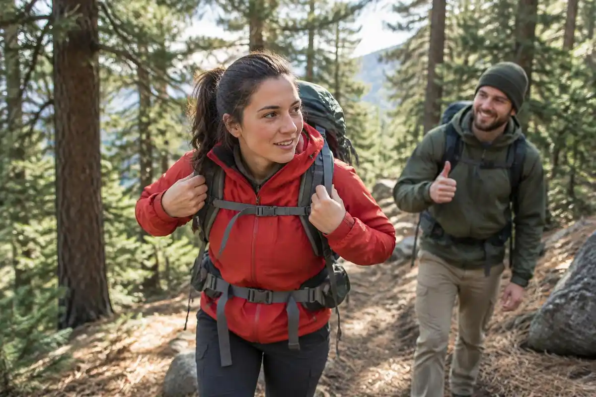 A hiker tightening shoulder straps and load lifters while standing on a trail