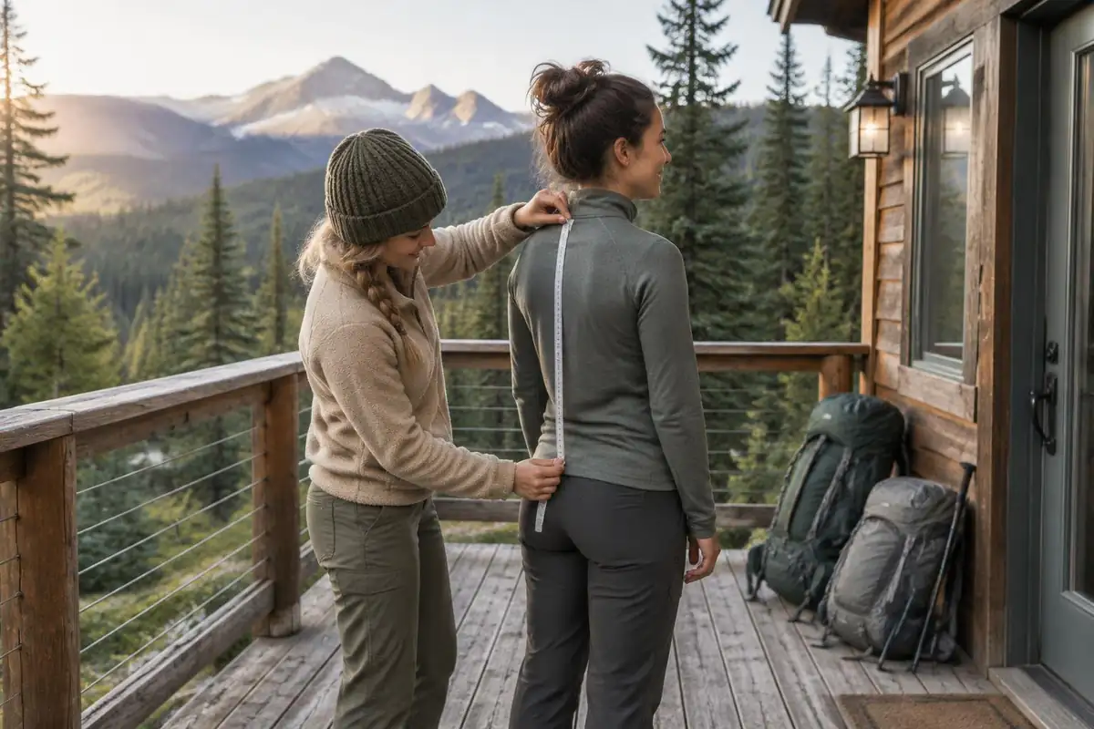Two friends measuring at a wooden deck in morning light
