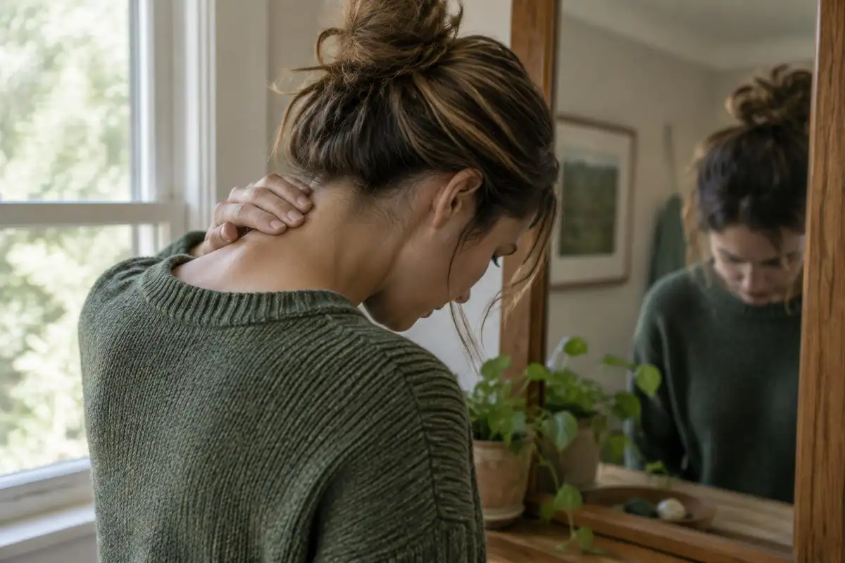 Woman feeling for the bony bump at the base of her neck in a mirror