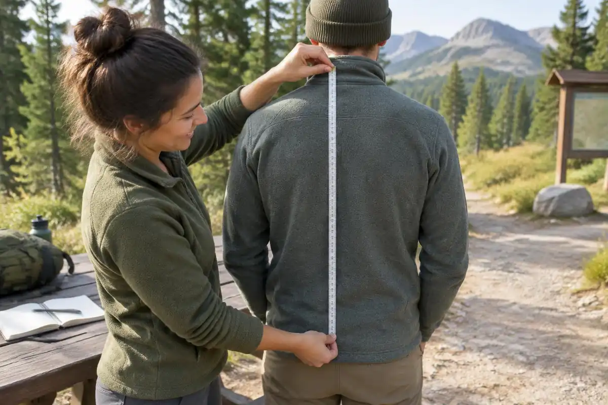Friend measuring a hiker's torso over a fleece jacket with a soft tape at a trailhead