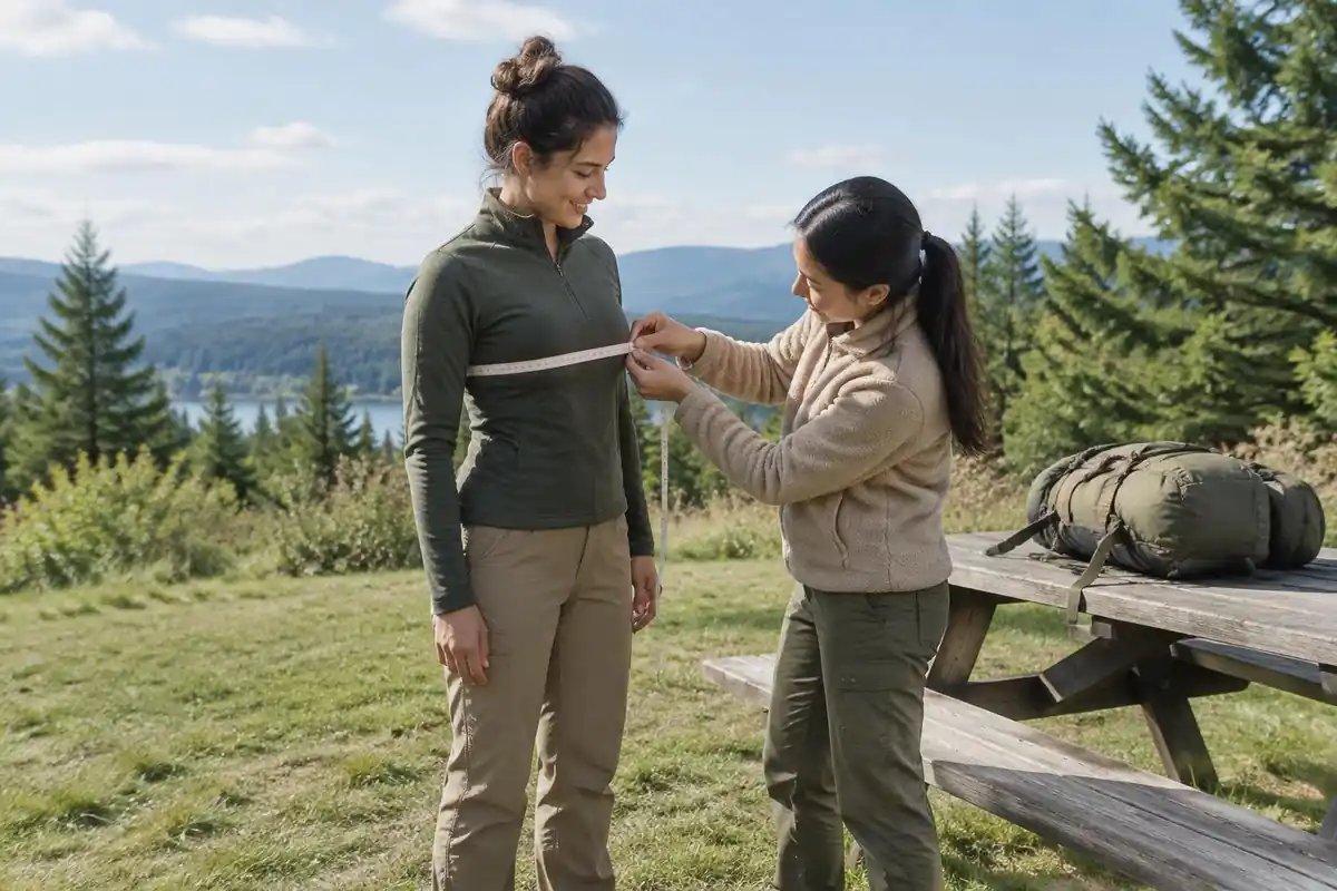 Hiker being measured by a friend on a park lawn before a trip