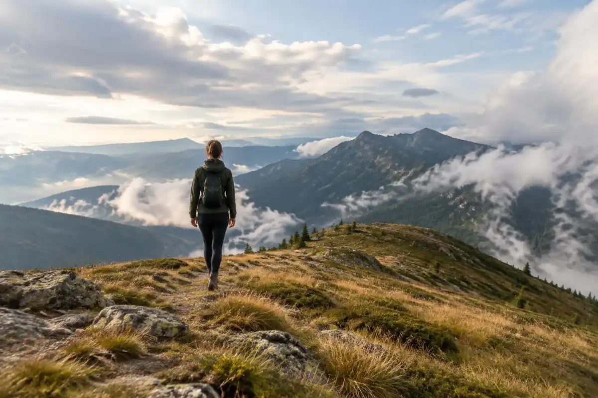 Ultralight hiker on a high ridge with a very small pack