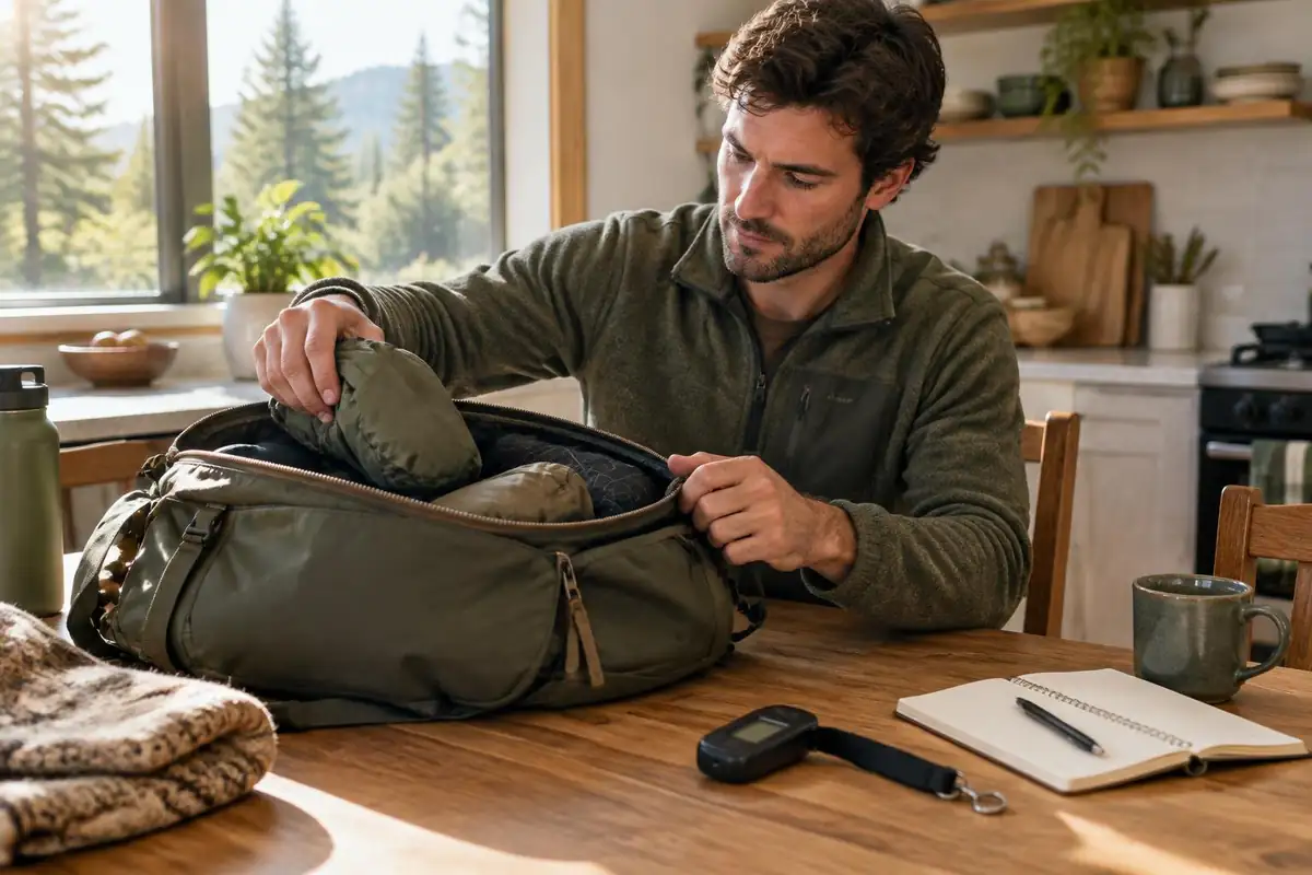 Person removing items from a pack at a kitchen table to cut weight