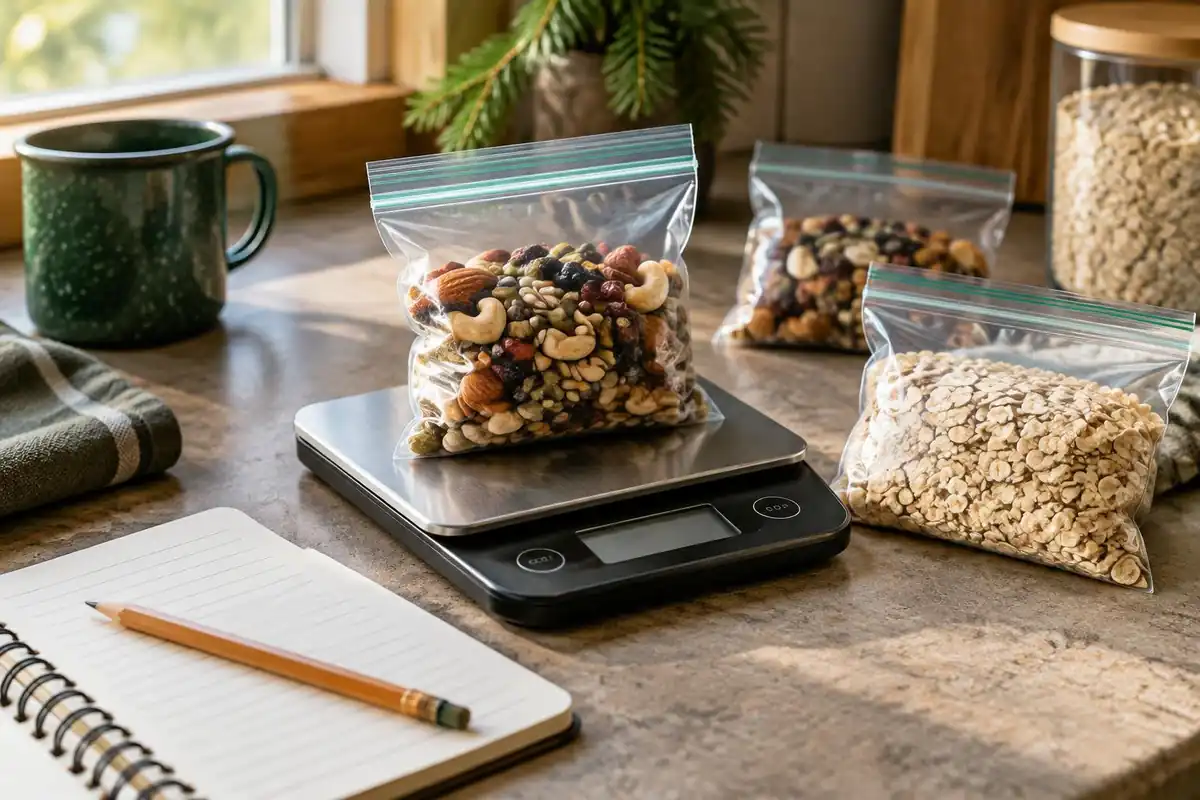 Small food ration bags with a kitchen scale on a counter