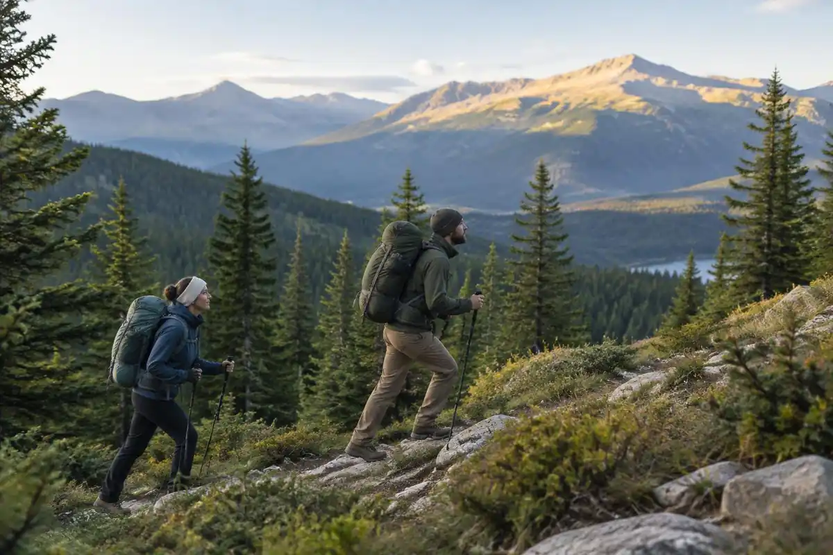 Pair of hikers on a long steady climb with tidy compact loads