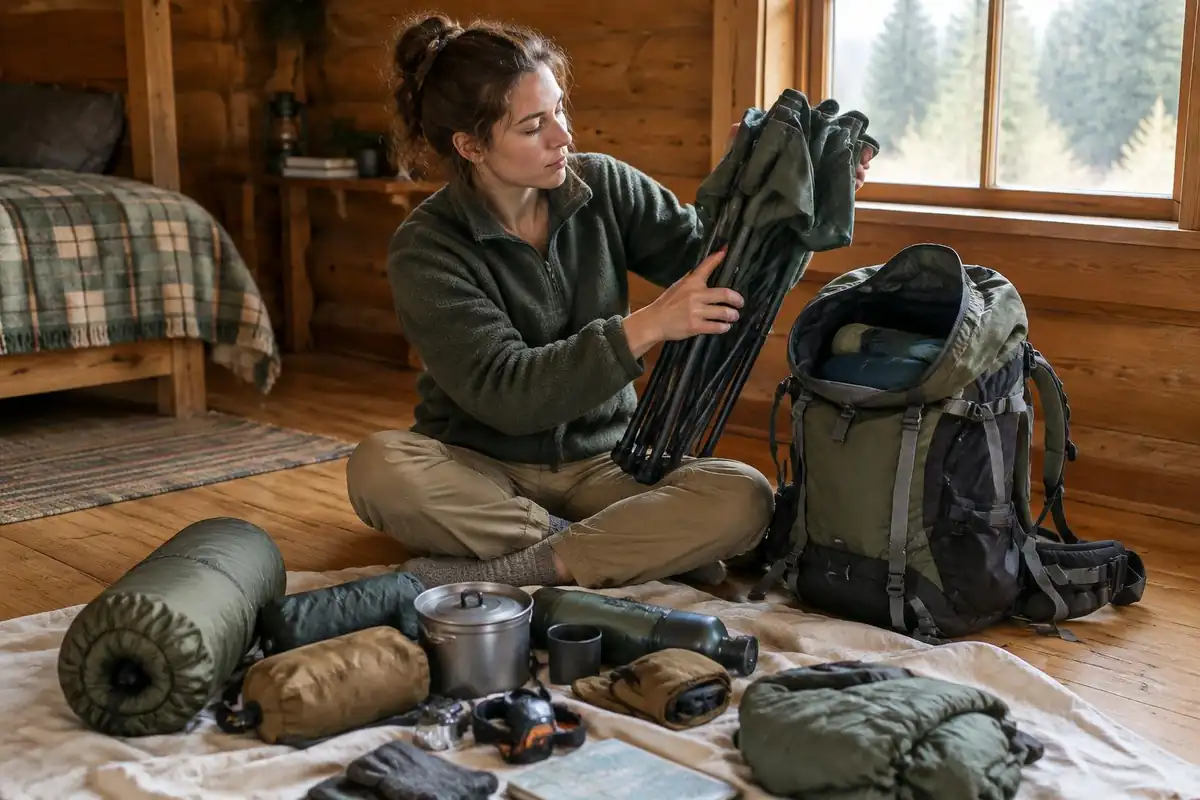 Hiker comparing items on a bed sheet and picking what to leave