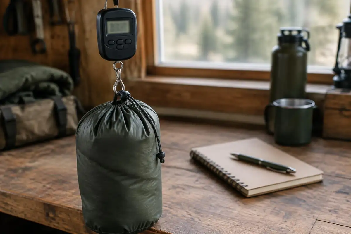 Digital hanging scale showing a packed pack weight