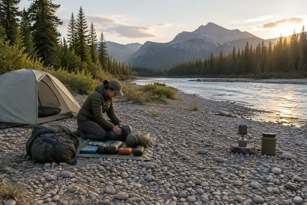 Backpacker at a river campsite laying out multi-day food and gear