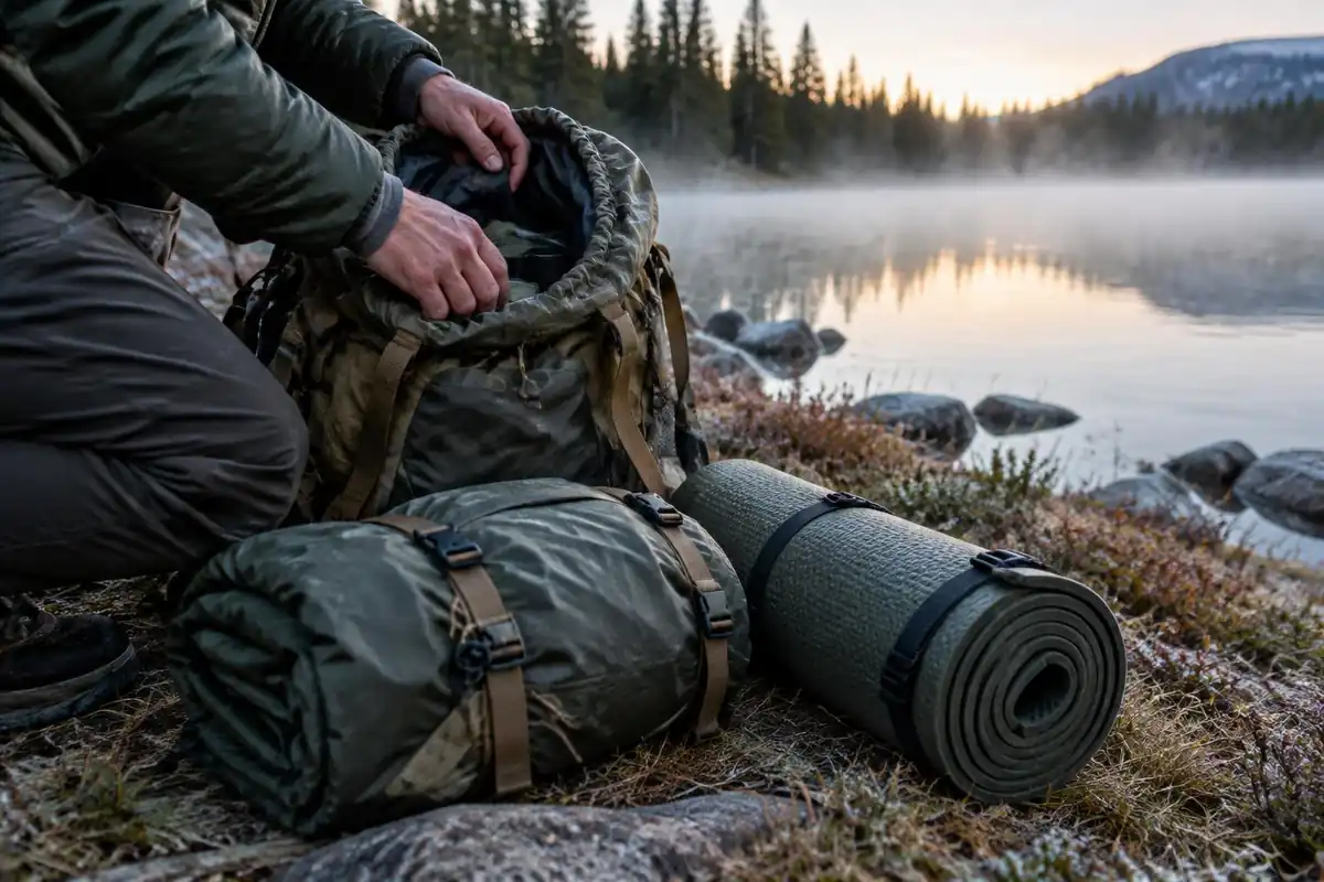 Morning repacking of a tent bag and rolled mat by a pond