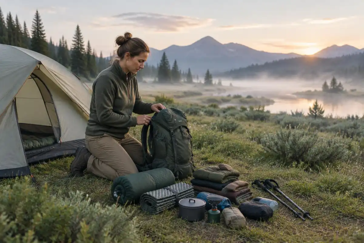 Hiker at a camp packing items on the ground in neat piles by a tent