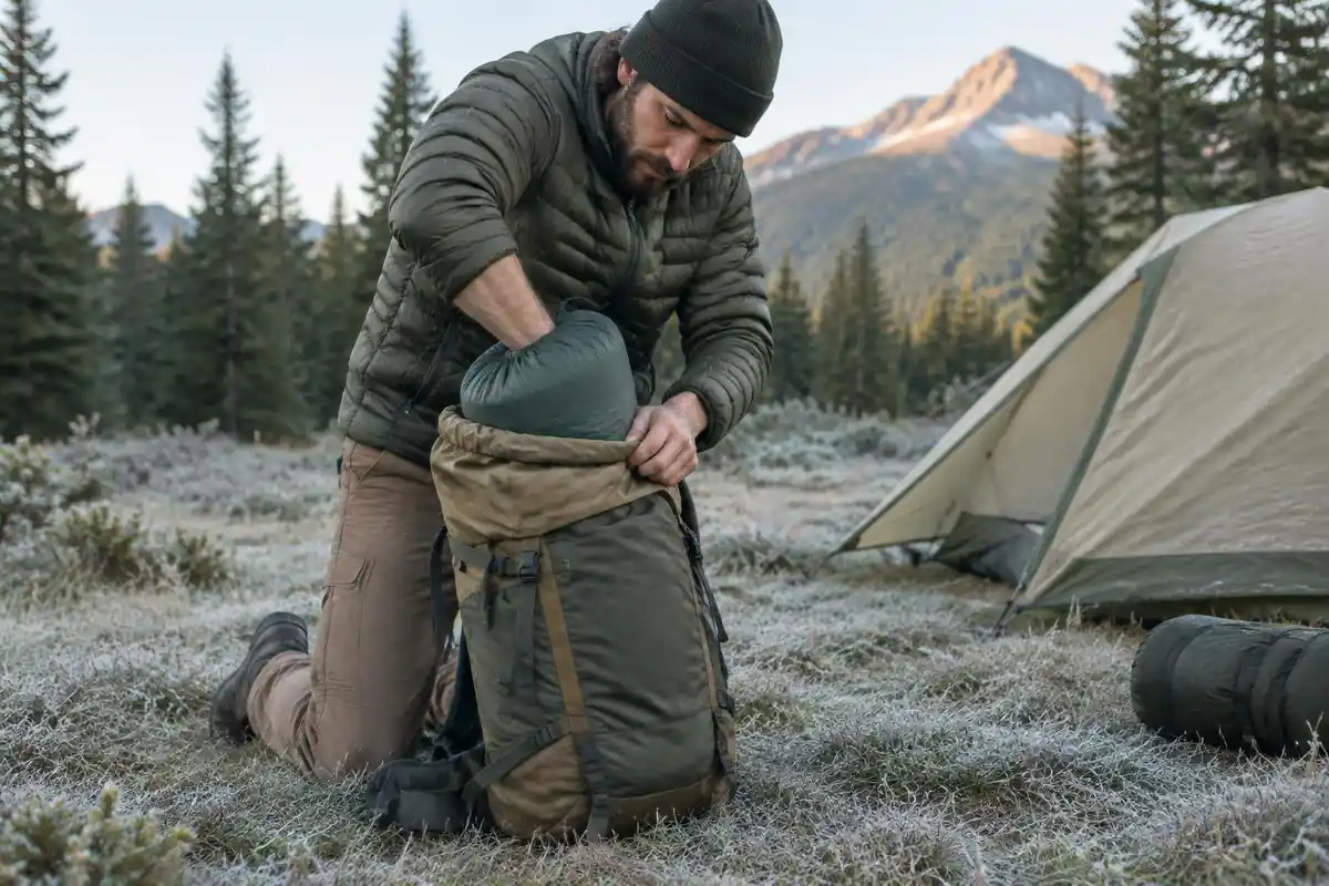 Hiker pushing a sleeping bag into the bottom of a pack with a knee