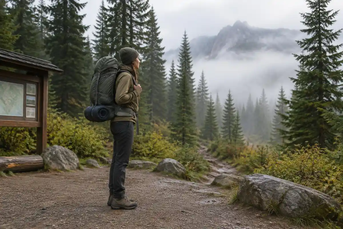 Trailhead with a packed pack showing heavy items at the back
