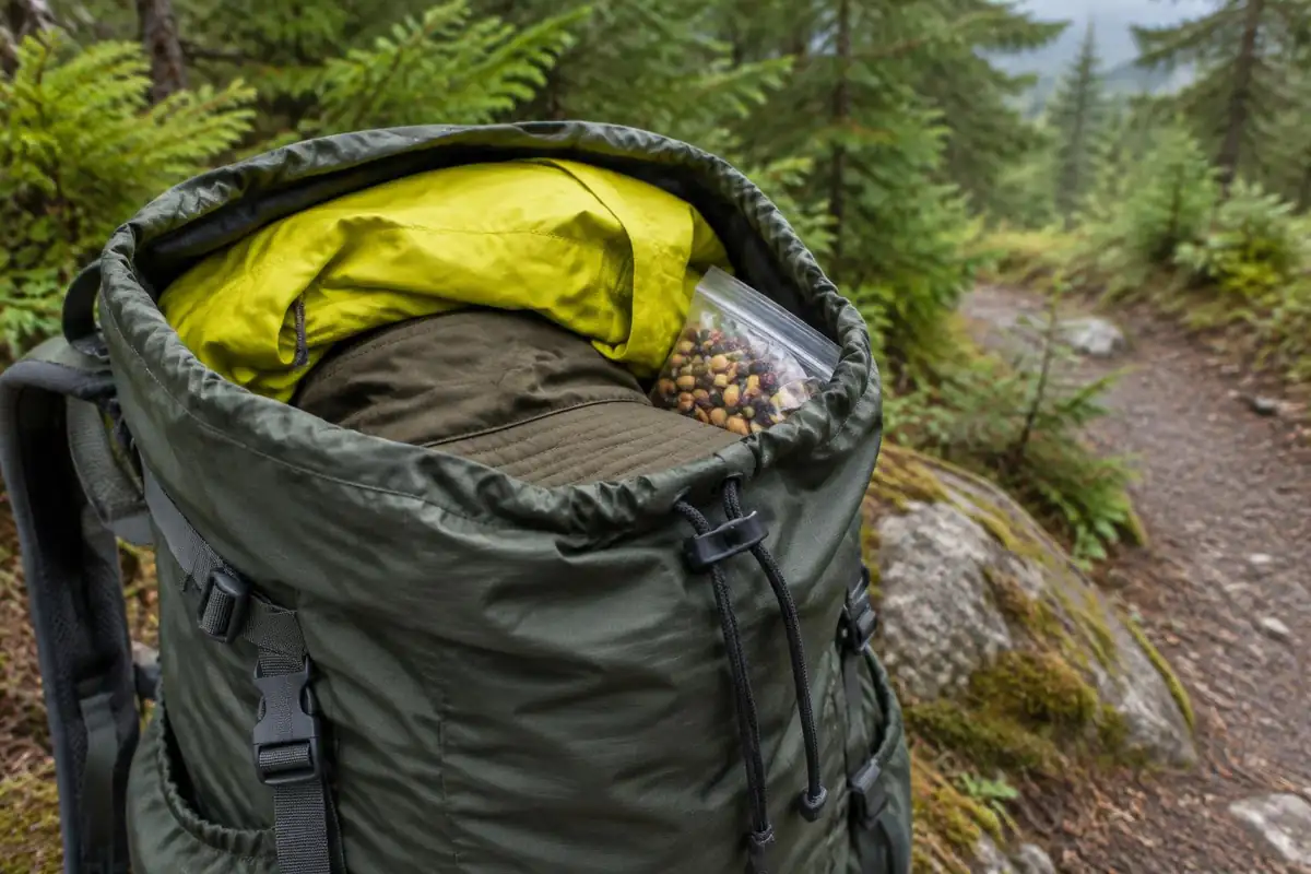 Pack lid pocket with rain jacket on top for quick reach