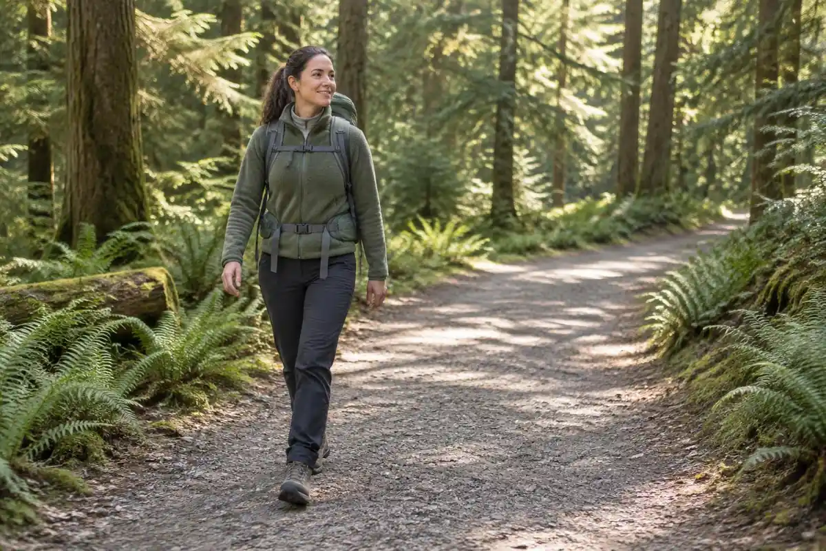 Woman hiker on a wide forest trail with a properly fitted pack