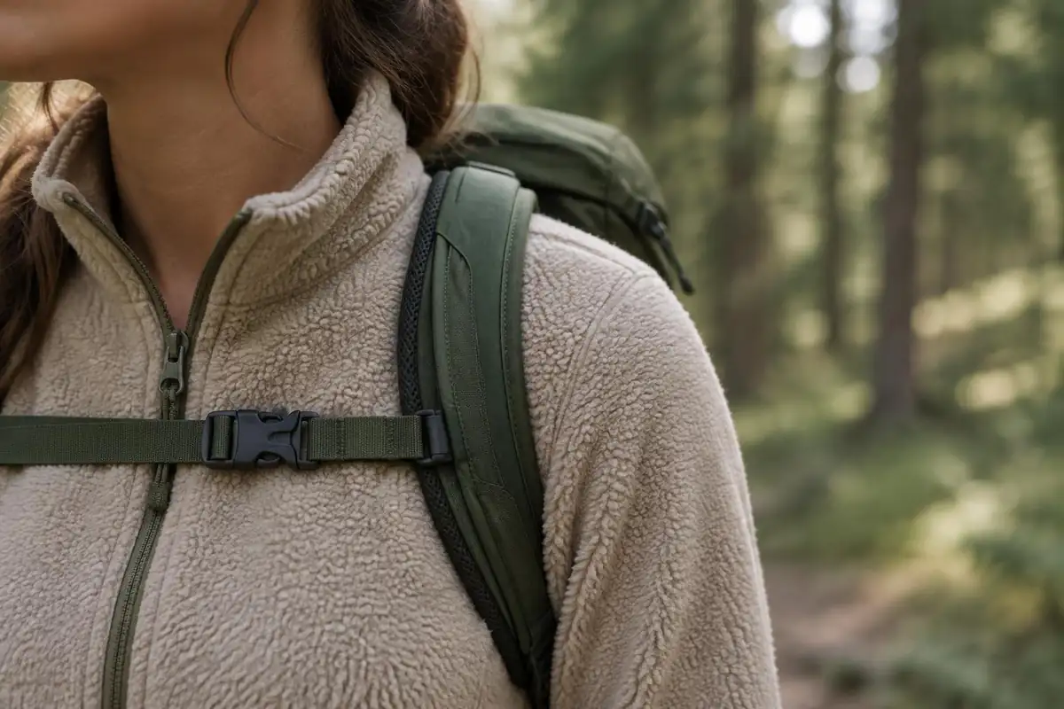 Narrow S-shaped shoulder strap against a fleece top