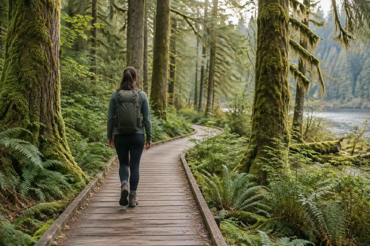 Woman on a lush forest boardwalk with a well-fitted pack