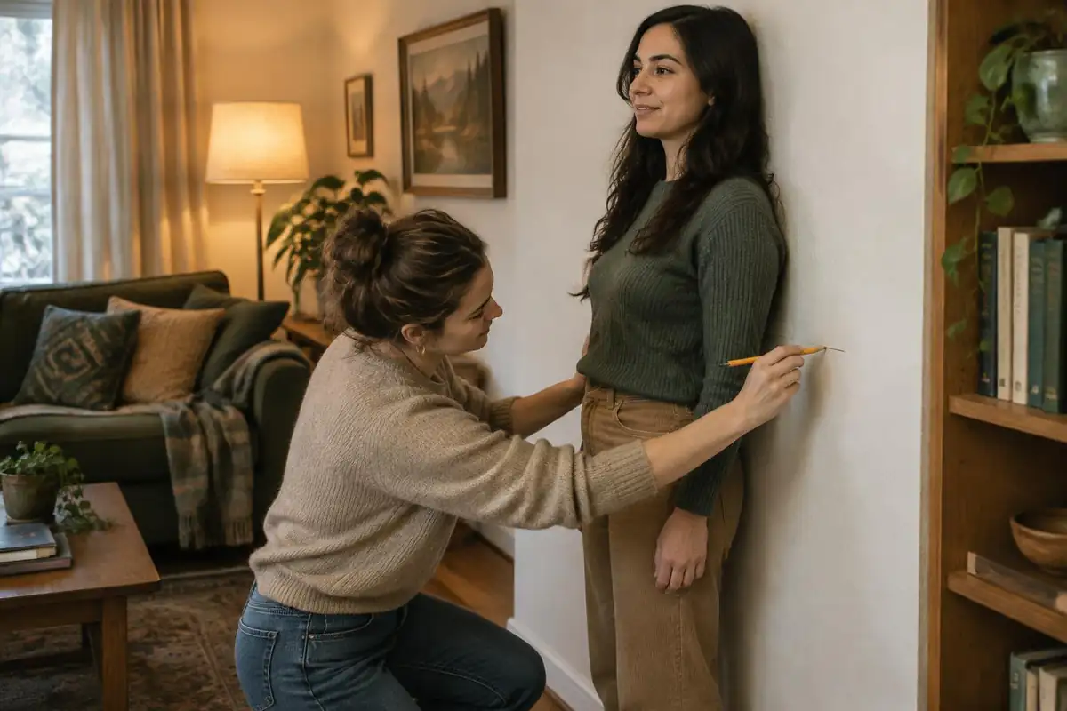 Woman measuring her torso against a wall with a friend's help