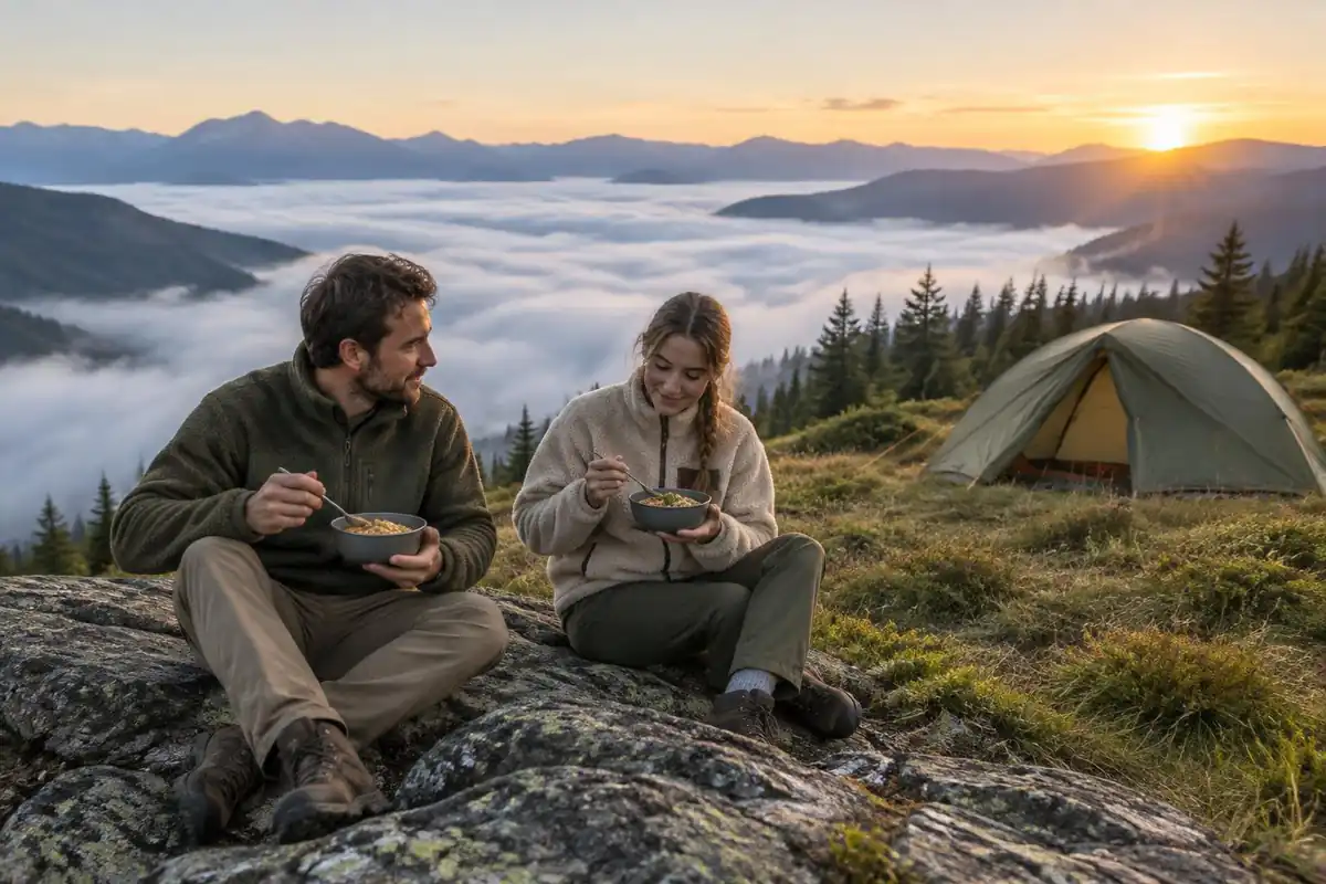Couple eating warm breakfast bowls on a rock ledge above morning cloud