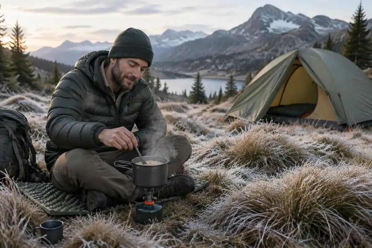 Hiker stirring oatmeal in a pot while sitting outside a tent door