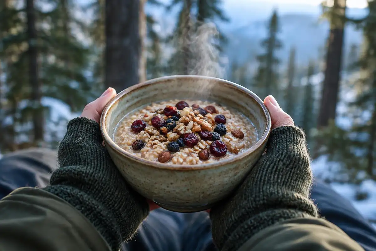 Bowl of oatmeal with dried berries held in two gloved hands