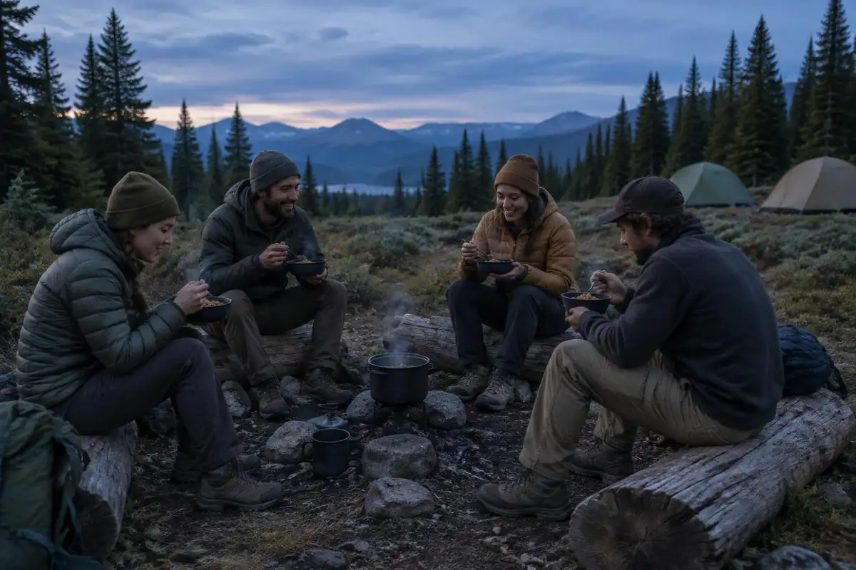 Group of hikers eating dinner at a camp kitchen area away from their tents
