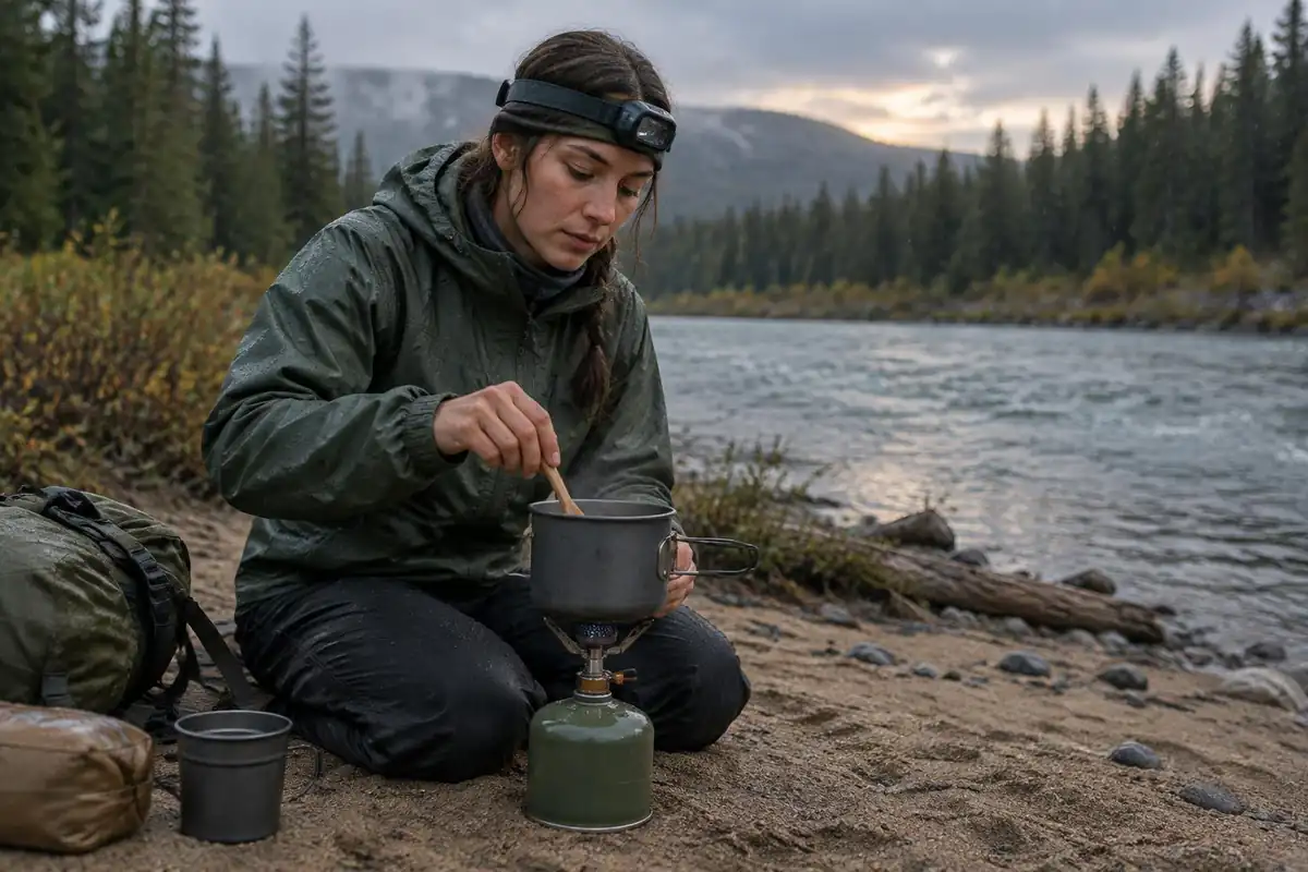 Woman stirring a pot of pasta on a stove on a flat sandy bench