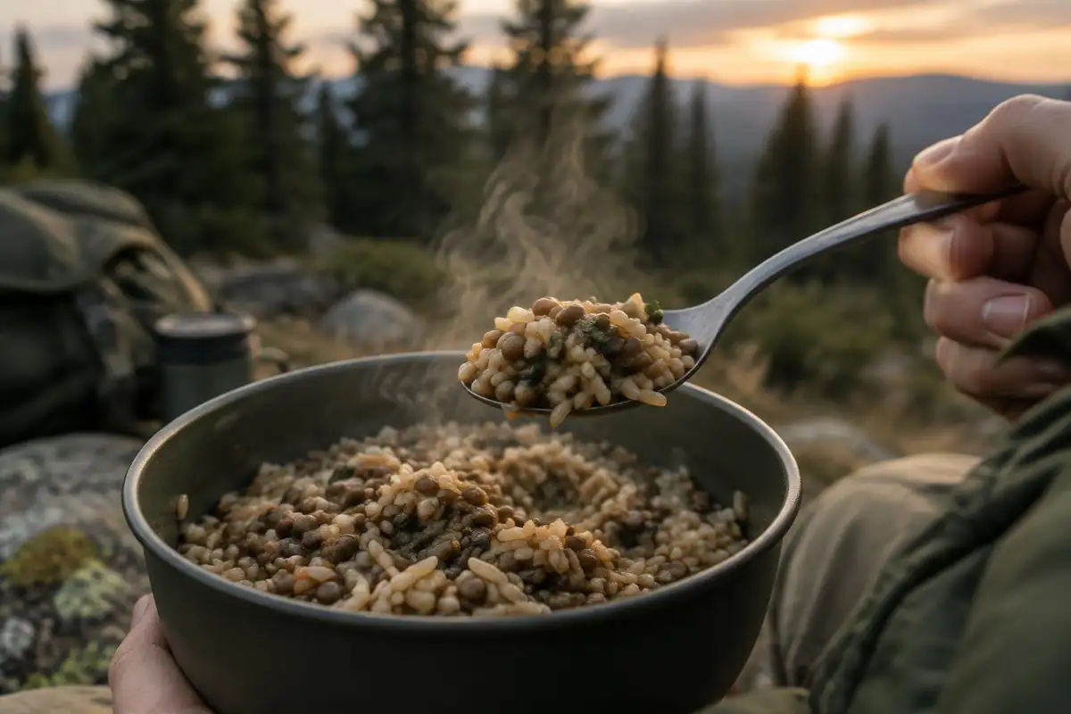 Steaming spoonful of rice and lentils held in front of dark forest