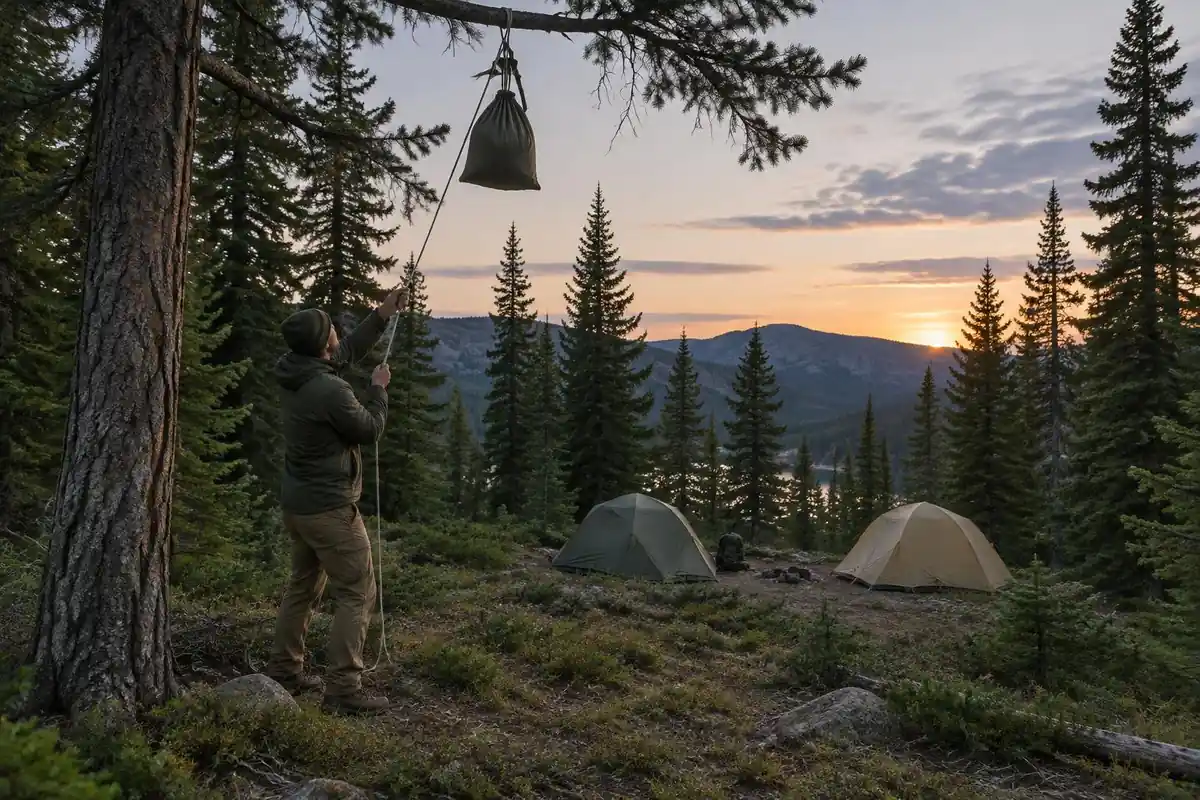 Food hung in a bag high in a tree away from a distant campsite at dusk