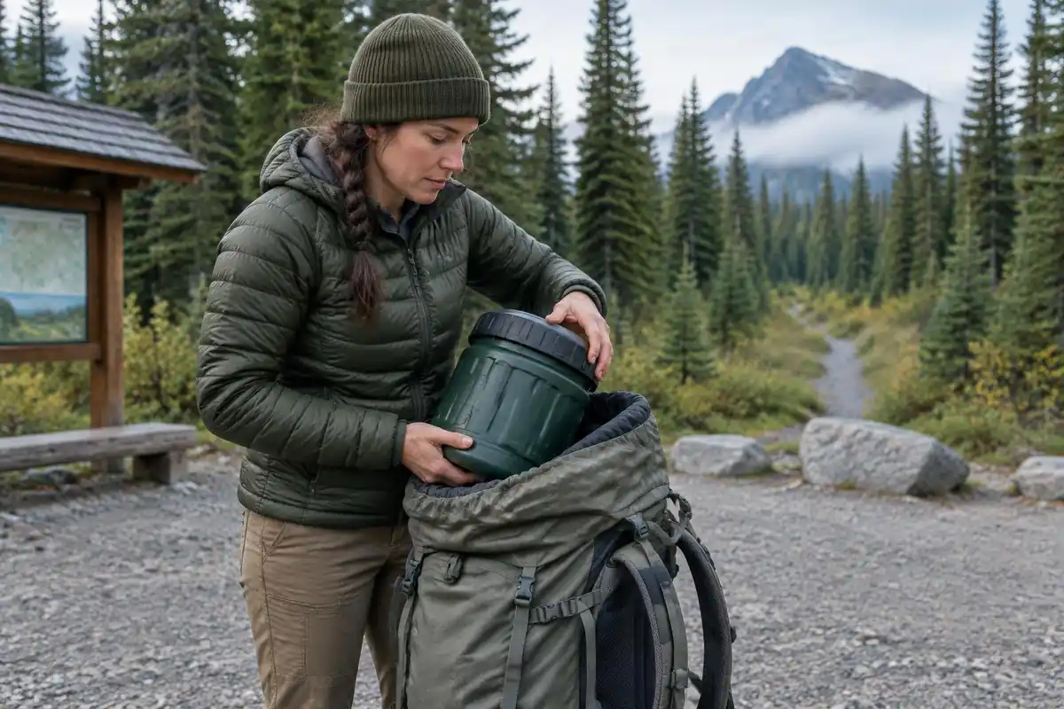 Woman sliding a hard-sided canister into a pack beside a trail trailhead