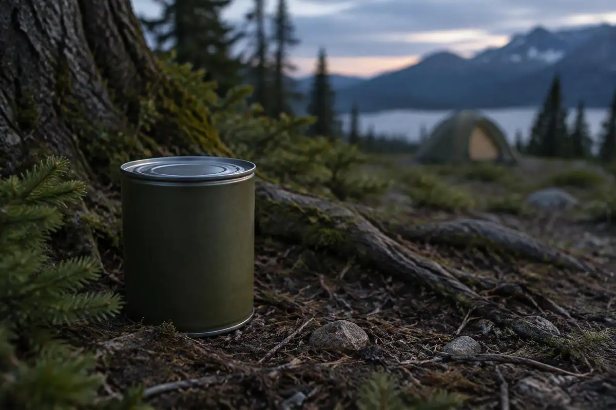 Closed canister and cooking pot placed on the ground well downwind of a tent
