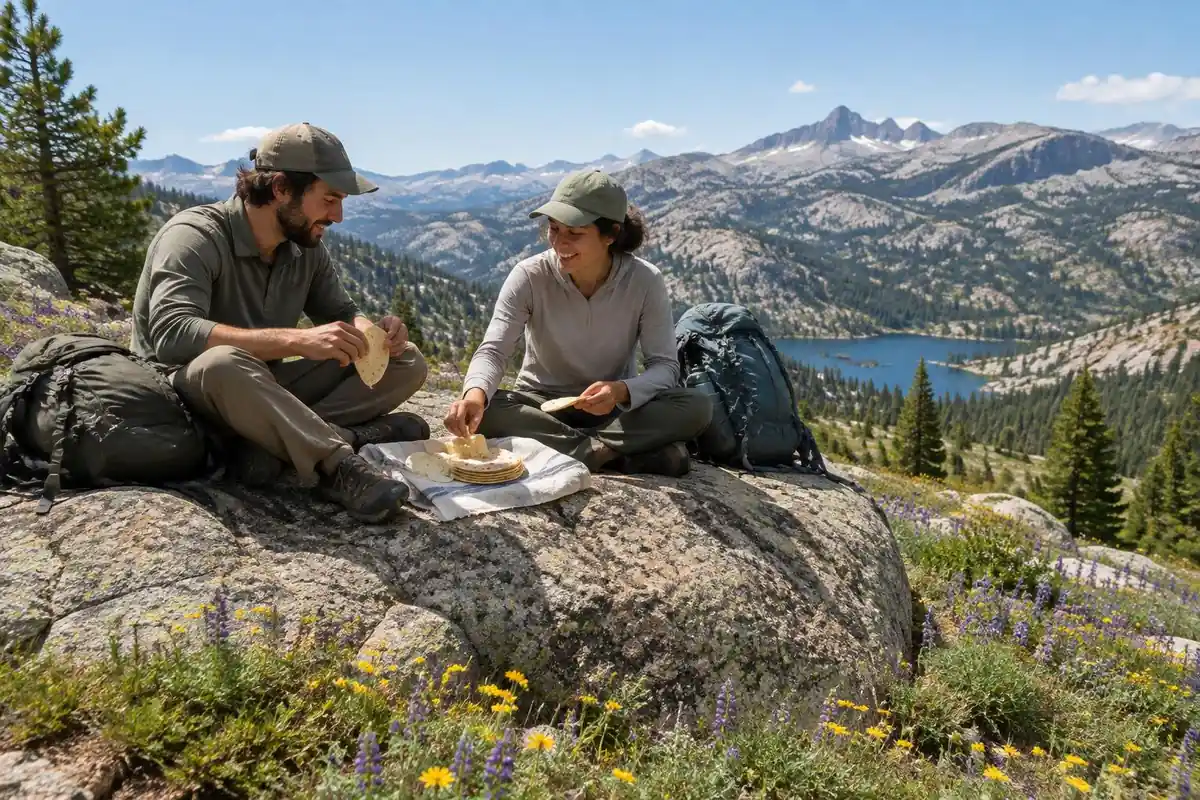 Pair of hikers sharing snacks on a sunny trailside boulder