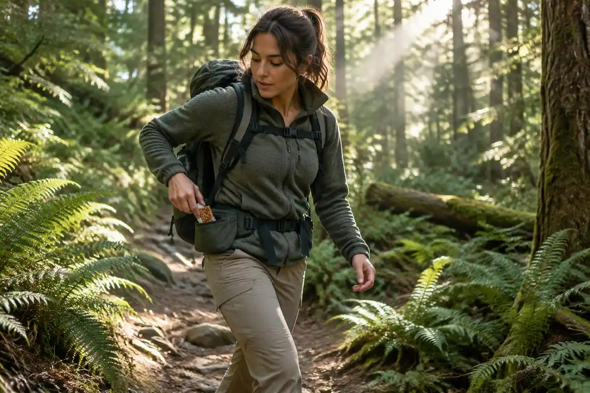 Hiker reaching into a hip belt pocket for a snack while walking