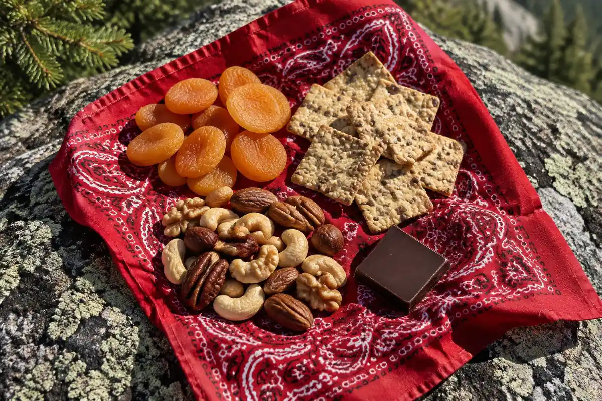 Assorted trail snacks spread on a bandana on a picnic rock