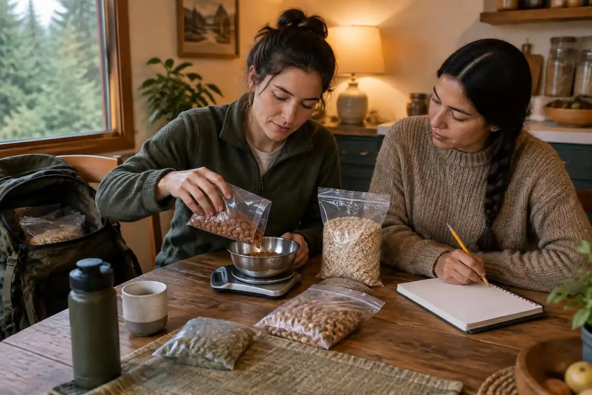 Two friends weighing food portions on a small kitchen scale at home