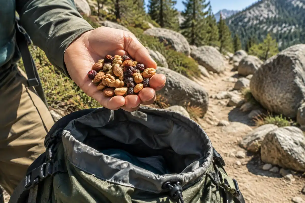 Hand holding a handful of mixed nuts and dried fruit above an open pack
