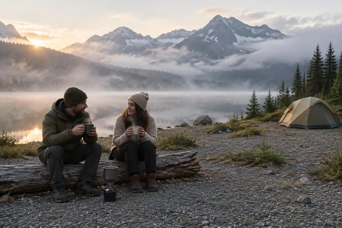 Two hikers sharing steaming mugs beside a small stove at a misty lakeshore campsite