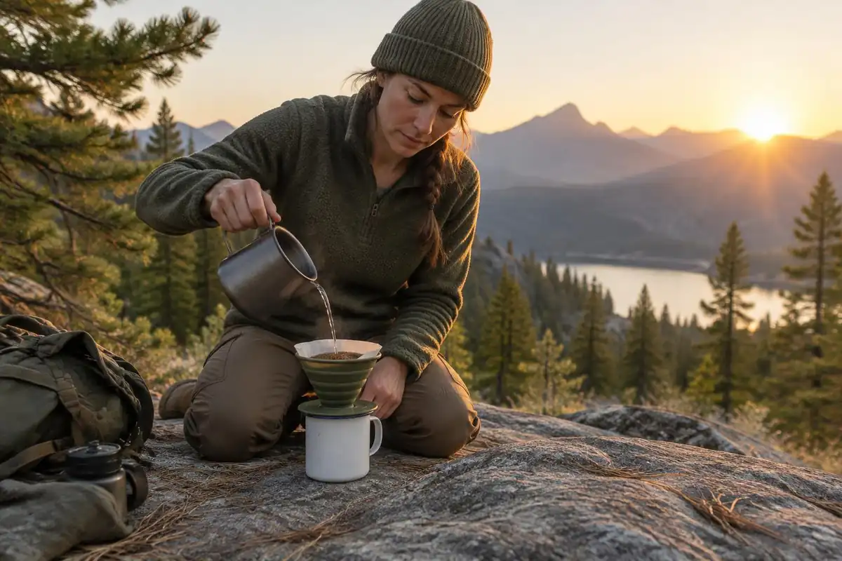 Woman pouring hot water over a small coffee filter cone balanced on a mug