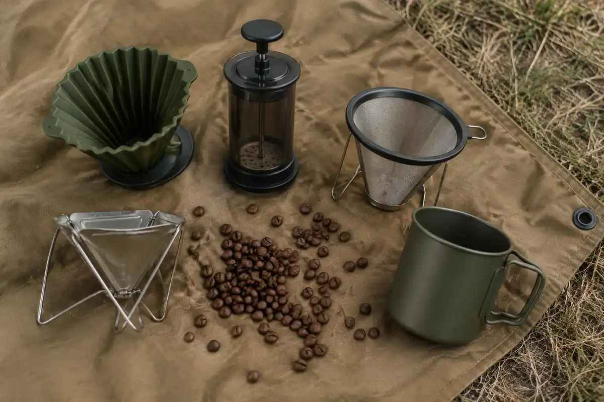 Six small camp coffee brewing gadgets laid out on a folded tan tarp