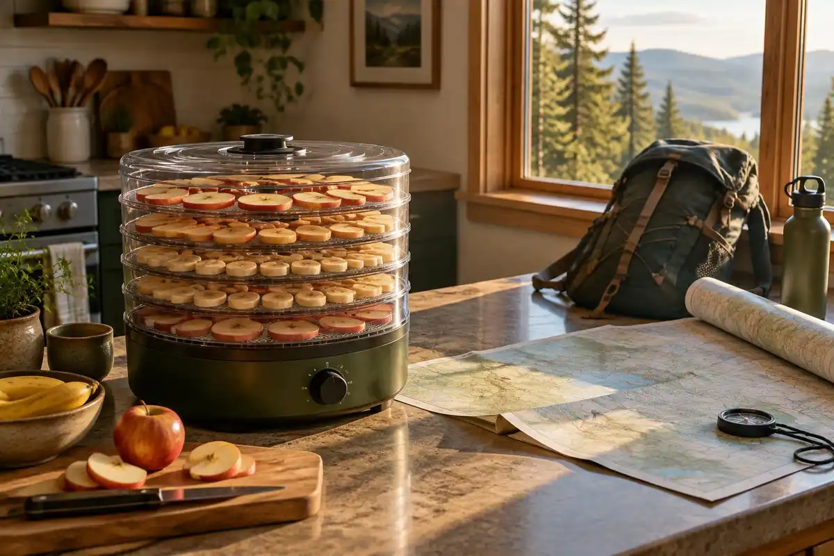 Kitchen counter with trays of drying fruit slices and hiking maps nearby