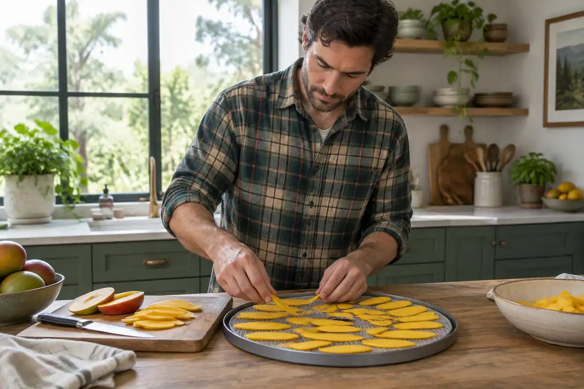 Man arranging thin mango slices onto a mesh dehydrator tray