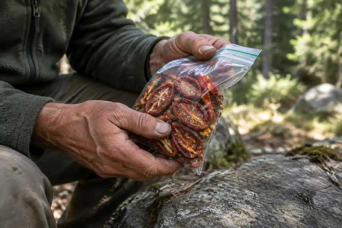 Hands holding a bag of leathery dried vegetables over a trailside picnic rock
