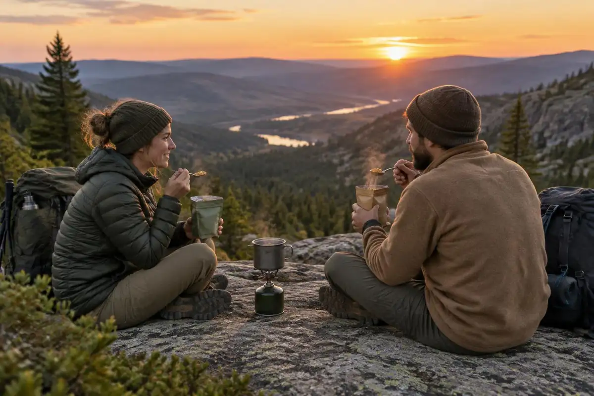 Two hikers sharing a meal on a rock ledge at sunset